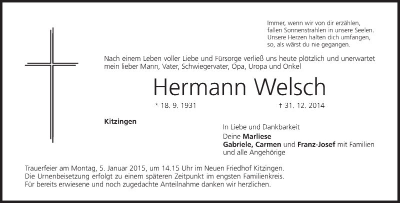  Traueranzeige für Hermann Welsch vom 03.01.2015 aus MGO