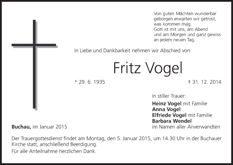  Traueranzeige für Fritz Vogel vom 02.01.2015 aus MGO