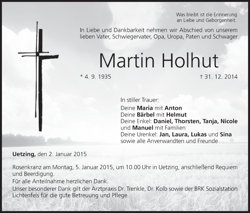  Traueranzeige für Martin Holhut vom 02.01.2015 aus MGO