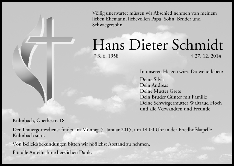  Traueranzeige für Hans Dieter Schmidt vom 02.01.2015 aus MGO