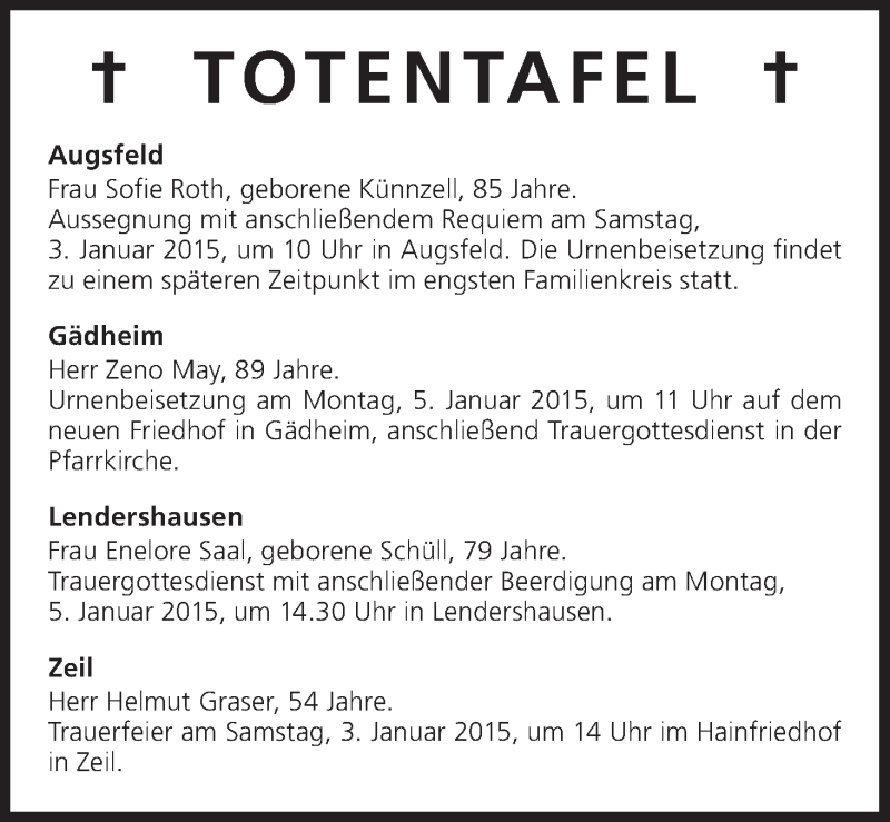  Traueranzeige für Totentafel, vom 03.01.2015 vom 03.01.2015 aus MGO