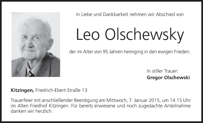 Traueranzeige für Leo Olschewsky vom 03.01.2015 aus MGO