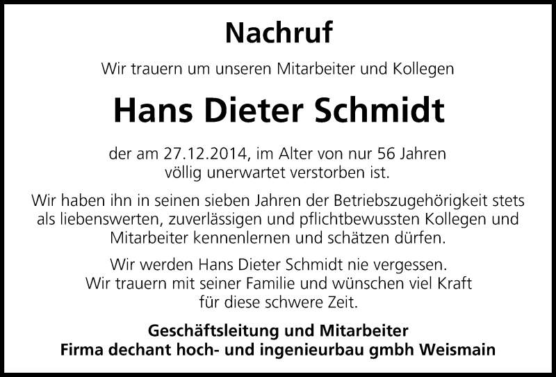  Traueranzeige für Hans Dieter Schmidt vom 05.01.2015 aus MGO