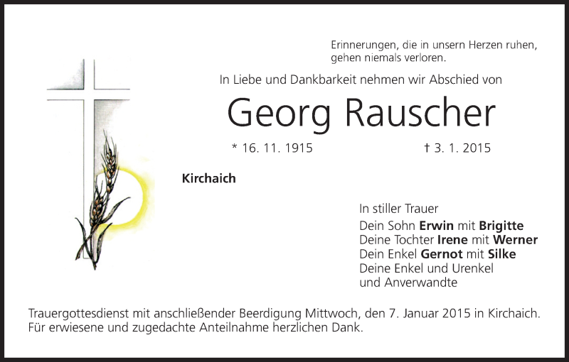  Traueranzeige für Georg Rauscher vom 05.01.2015 aus MGO