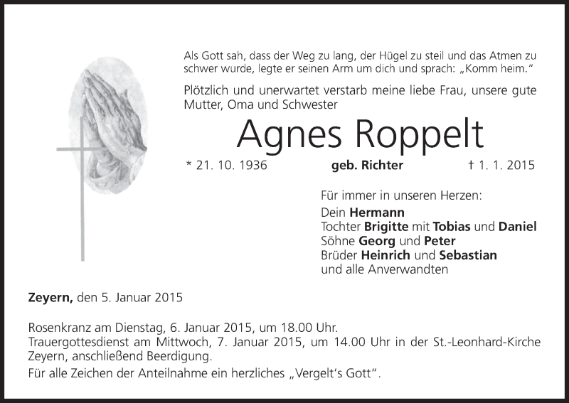  Traueranzeige für Agnes Roppelt vom 05.01.2015 aus MGO