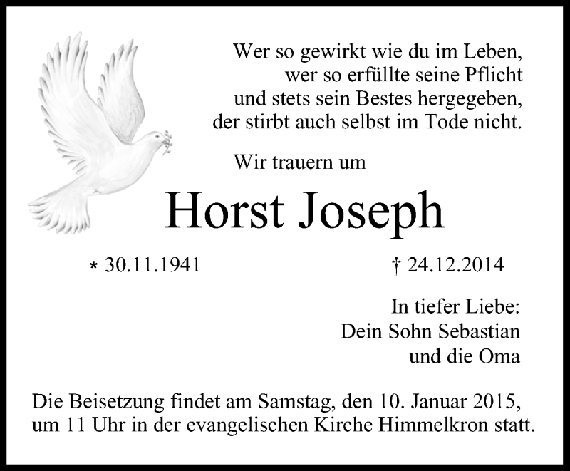  Traueranzeige für Horst Joseph vom 05.01.2015 aus MGO