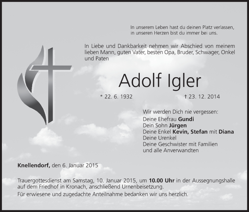  Traueranzeige für Adolf Igler vom 06.01.2015 aus MGO