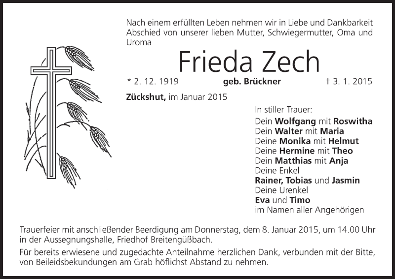  Traueranzeige für Frieda Zech vom 06.01.2015 aus MGO