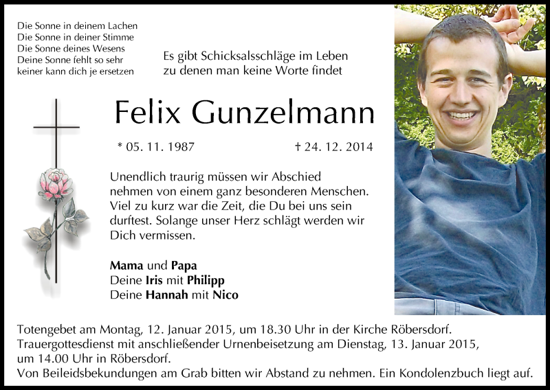  Traueranzeige für Felix Gunzelmann vom 10.01.2015 aus MGO