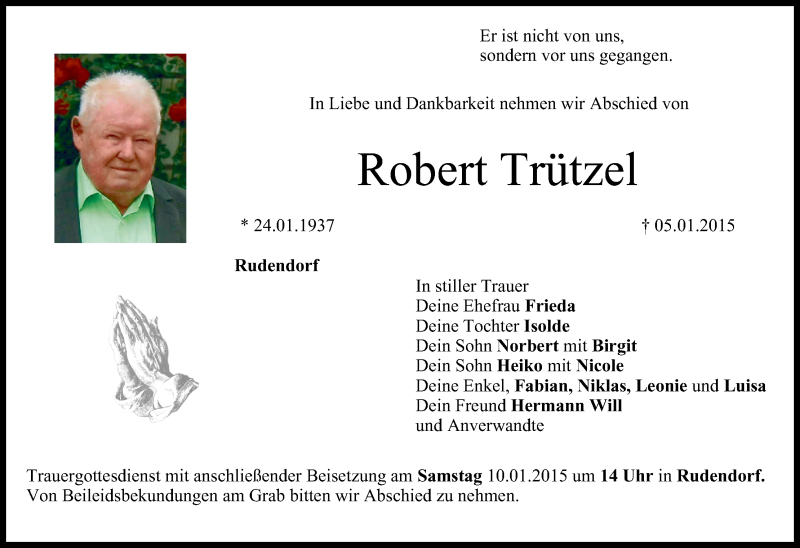  Traueranzeige für Robert Trützel vom 08.01.2015 aus MGO