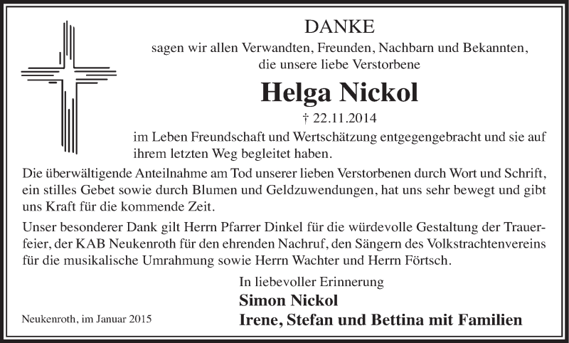  Traueranzeige für Helga Nickol vom 08.01.2015 aus MGO