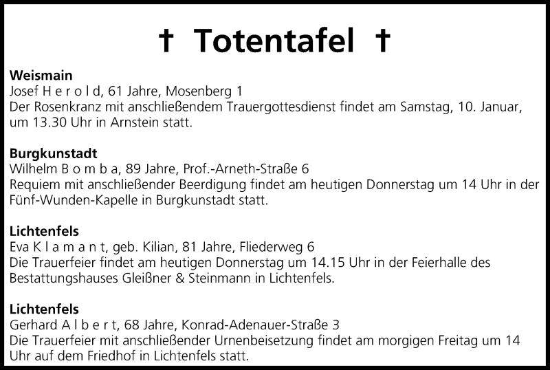  Traueranzeige für Totentafel vom 08.01.2015 vom 08.01.2015 aus MGO