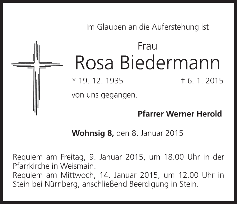  Traueranzeige für Rosa Biedermann vom 08.01.2015 aus MGO