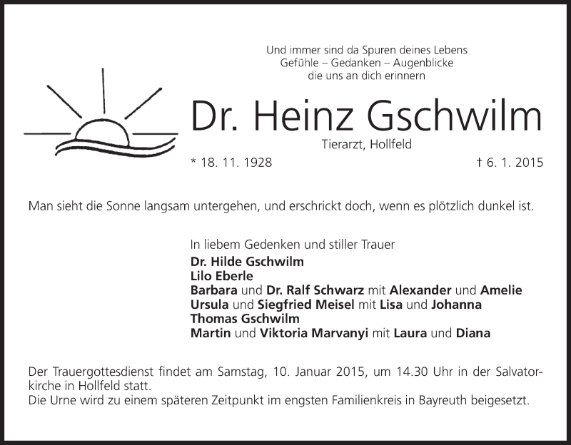  Traueranzeige für Heinz Gschwilm vom 09.01.2015 aus MGO