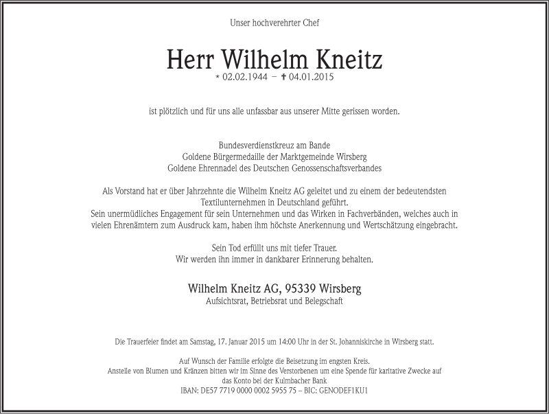 Traueranzeige für Wilhelm Kneitz vom 10.01.2015 aus MGO