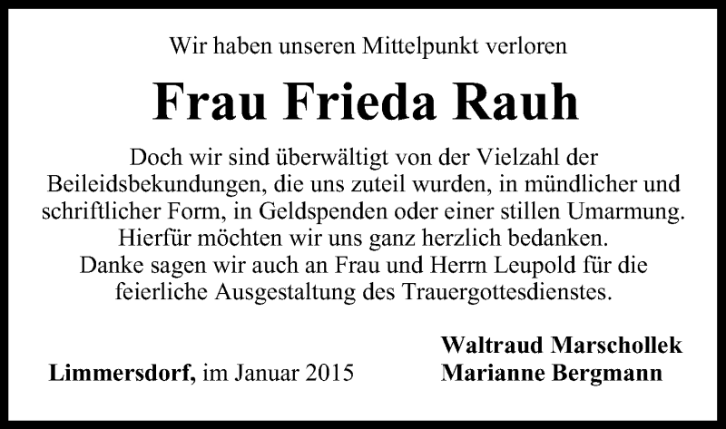  Traueranzeige für Frieda Rauh vom 09.01.2015 aus MGO