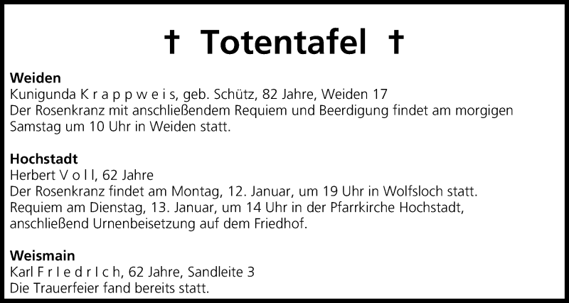  Traueranzeige für Totentafel vom 09.01.2015 vom 09.01.2015 aus MGO