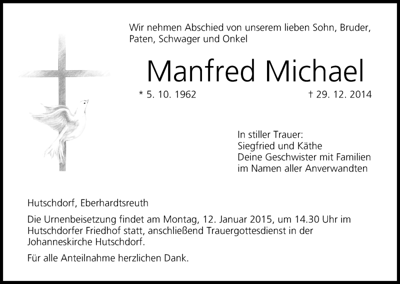  Traueranzeige für Manfred Michael vom 09.01.2015 aus MGO