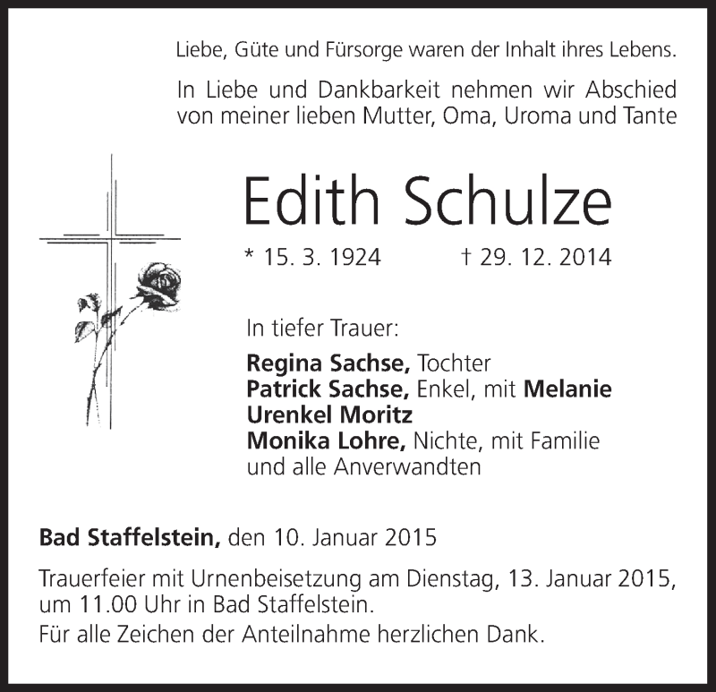  Traueranzeige für Edith Schulze vom 10.01.2015 aus MGO
