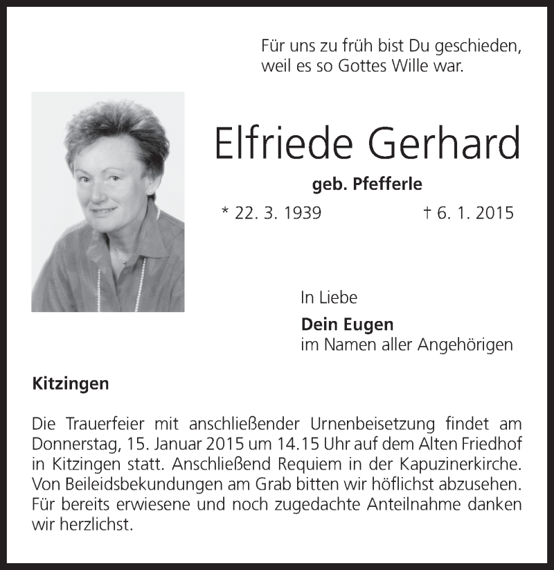  Traueranzeige für Elfriede Gerhard vom 10.01.2015 aus MGO