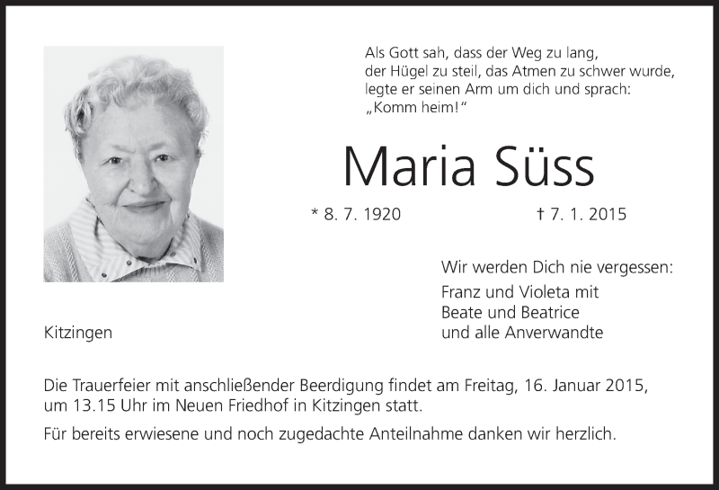  Traueranzeige für Maria Süss vom 14.01.2015 aus MGO