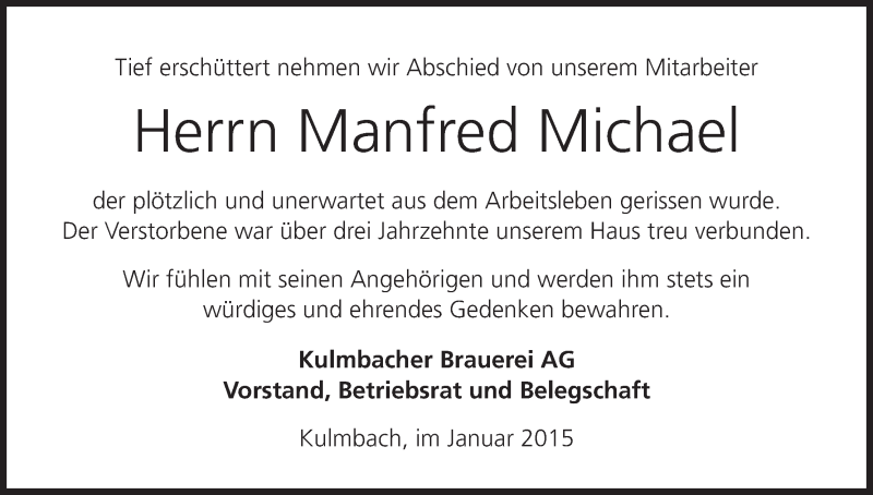  Traueranzeige für Manfred Michael vom 09.01.2015 aus MGO