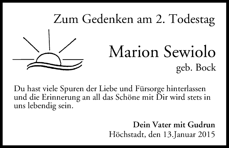  Traueranzeige für Marion Sewiolo vom 13.01.2015 aus MGO