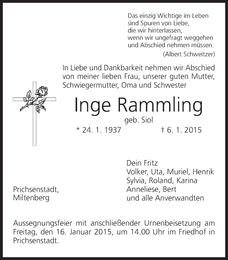  Traueranzeige für Inge Rammling vom 12.01.2015 aus MGO