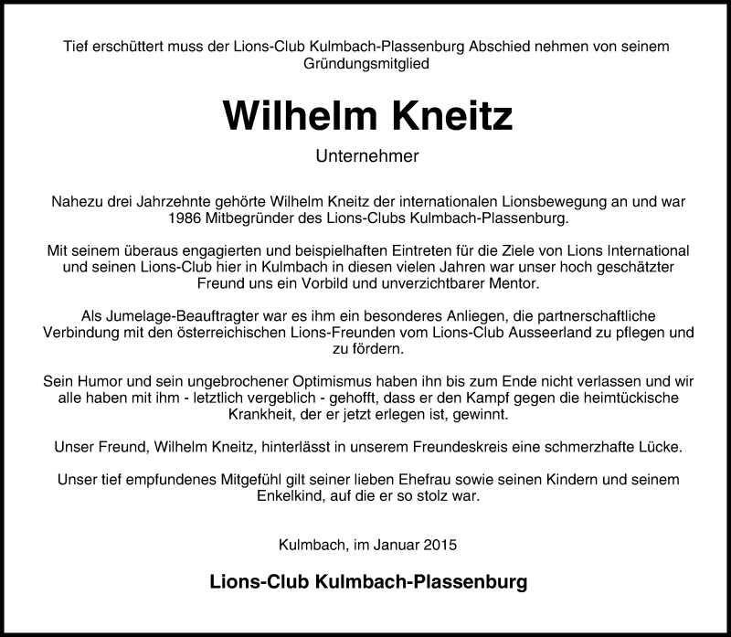  Traueranzeige für Wilhelm Kneitz vom 10.01.2015 aus MGO
