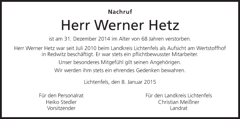  Traueranzeige für Werner Hetz vom 10.01.2015 aus MGO