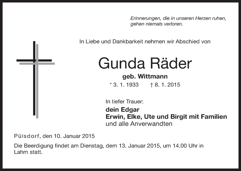  Traueranzeige für Gunda Räder vom 10.01.2015 aus MGO