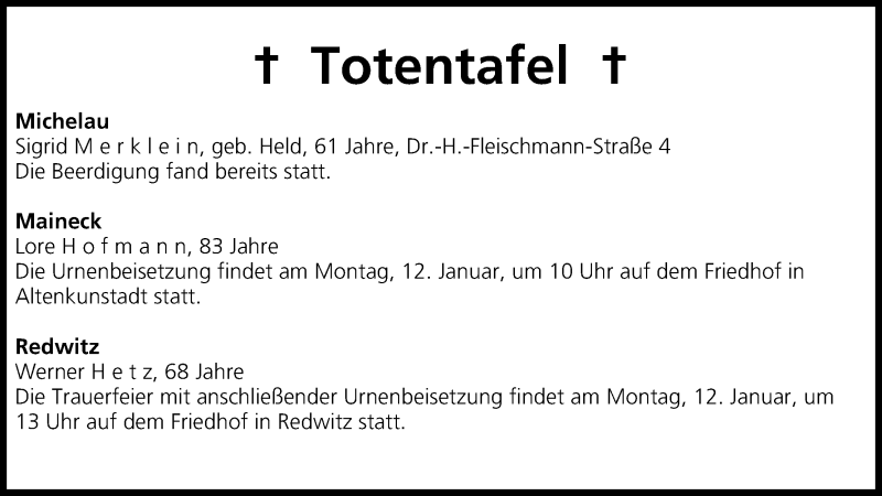  Traueranzeige für Totentafel vom 10.01.2015 vom 10.01.2015 aus MGO