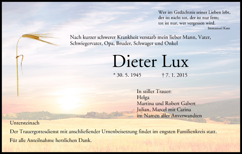  Traueranzeige für Dieter Lux vom 10.01.2015 aus MGO