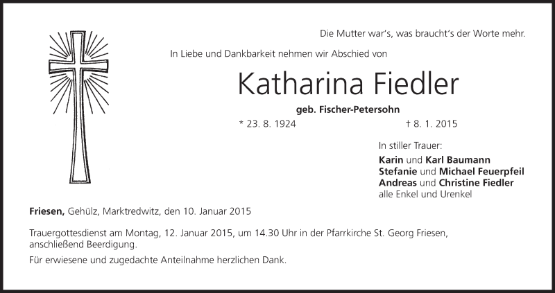  Traueranzeige für Katharina Fiedler vom 10.01.2015 aus MGO