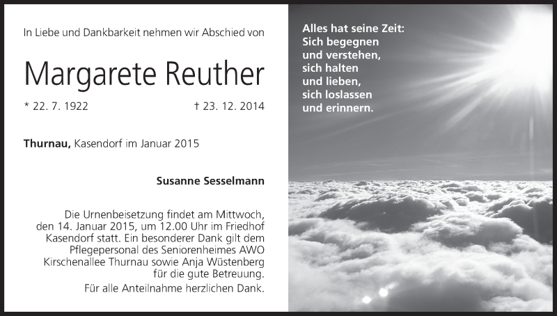  Traueranzeige für Margarete Reuther vom 12.01.2015 aus MGO