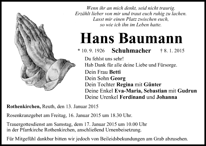  Traueranzeige für Hans Baumann vom 13.01.2015 aus MGO