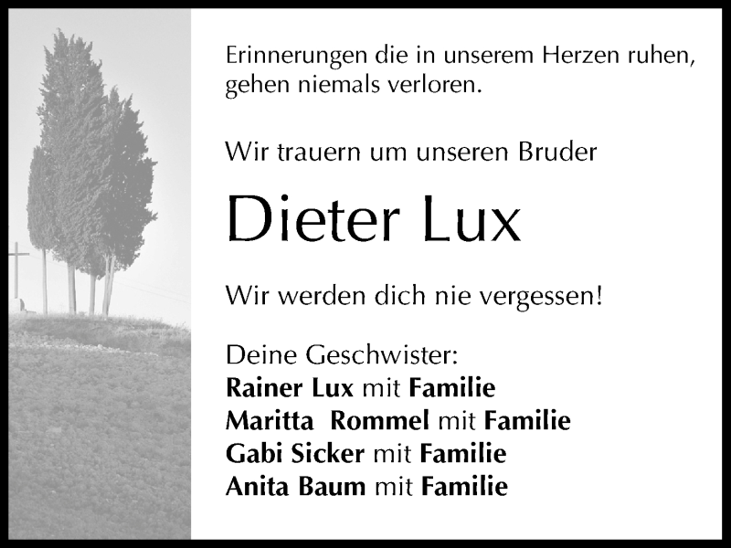  Traueranzeige für Dieter Lux vom 13.01.2015 aus MGO