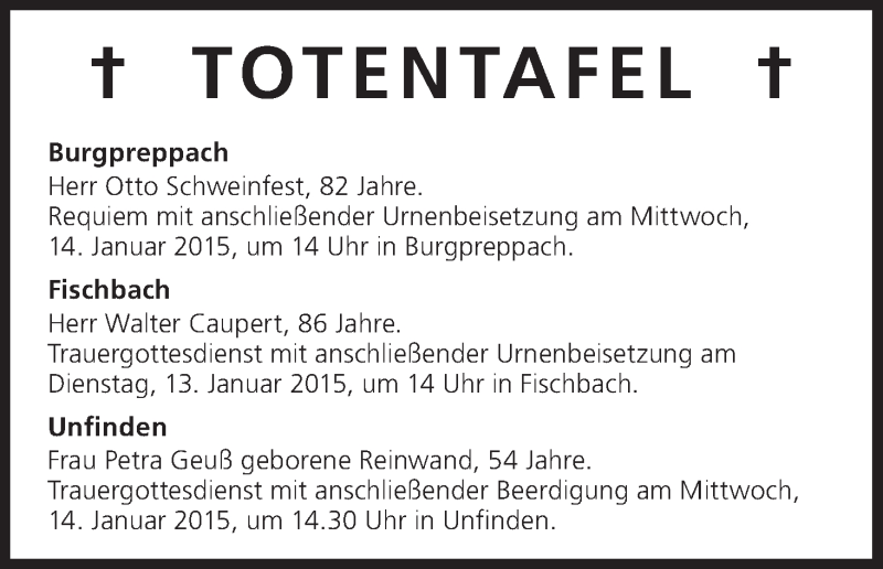  Traueranzeige für Totentafel vom 13.01.2015 vom 13.01.2015 aus MGO