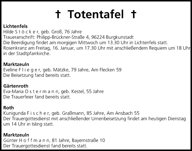  Traueranzeige für Totentafel vom 13.01.2015 vom 13.01.2015 aus MGO