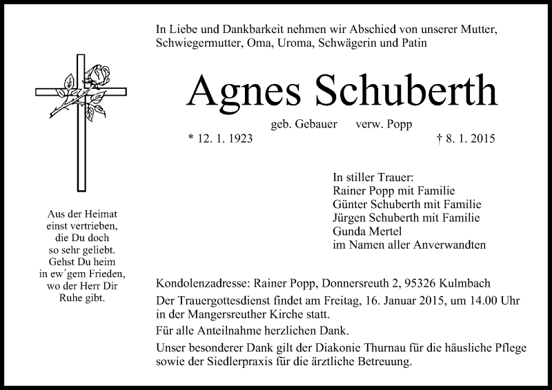  Traueranzeige für Agnes Schuberth vom 14.01.2015 aus MGO