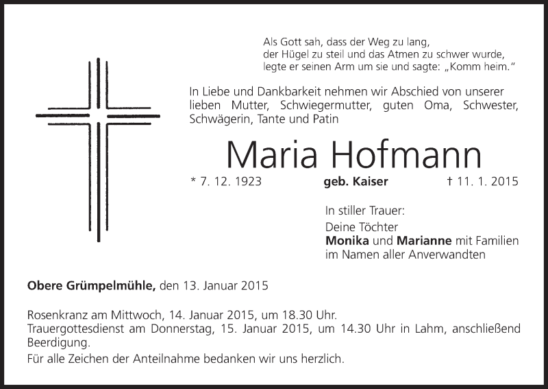  Traueranzeige für Maria Hofmann vom 13.01.2015 aus MGO