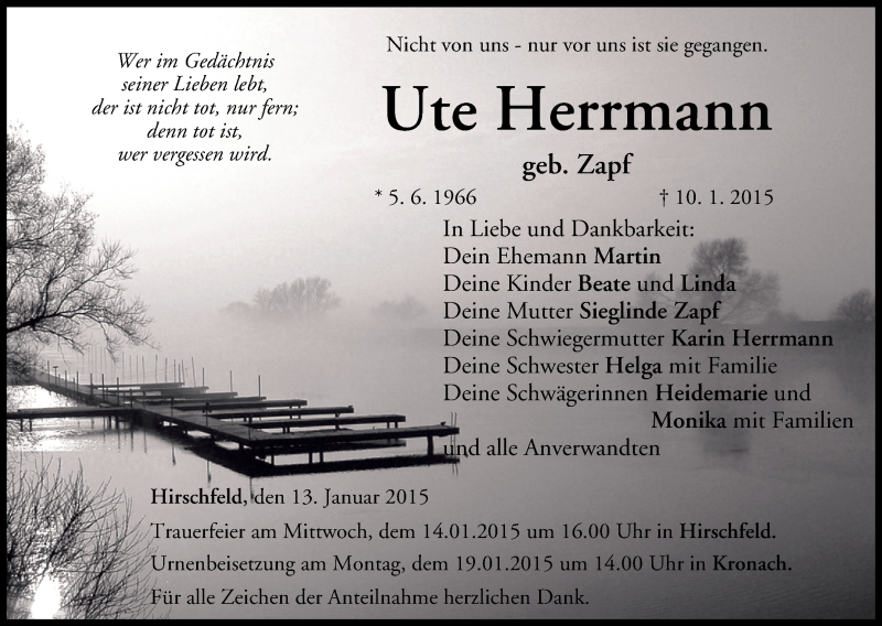  Traueranzeige für Ute Herrmann vom 13.01.2015 aus MGO
