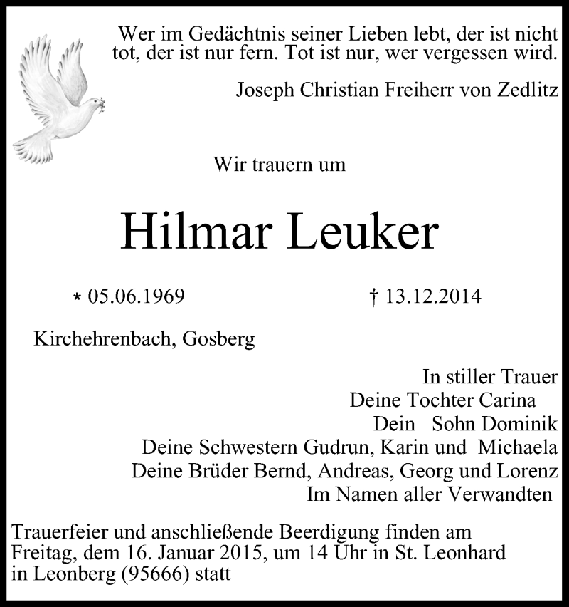  Traueranzeige für Hilmar Leuker vom 13.01.2015 aus MGO