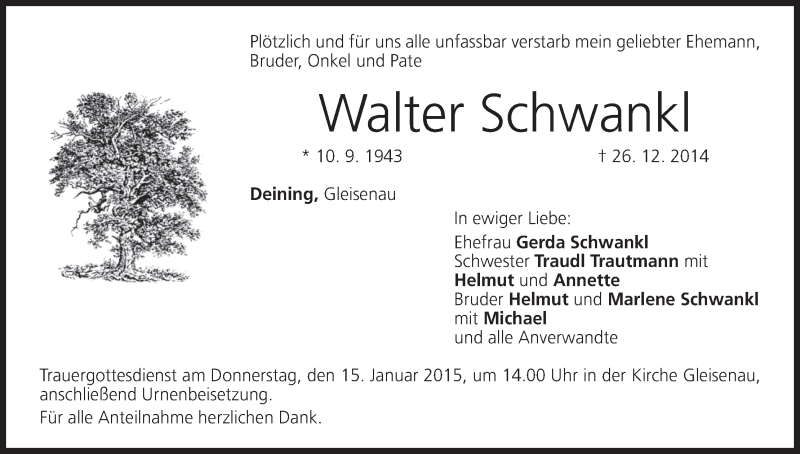  Traueranzeige für Walter Schwankl vom 13.01.2015 aus MGO
