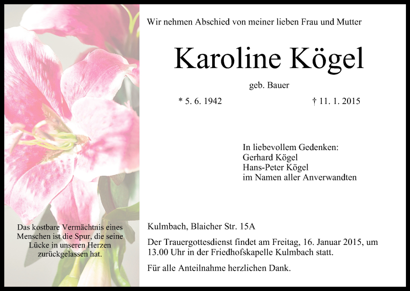  Traueranzeige für Karoline Kögel vom 14.01.2015 aus MGO