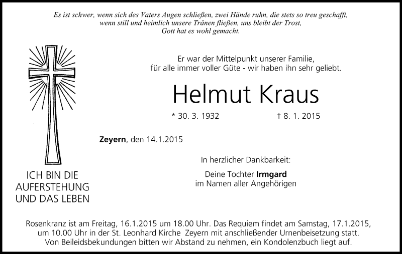  Traueranzeige für Helmut Kraus vom 14.01.2015 aus MGO