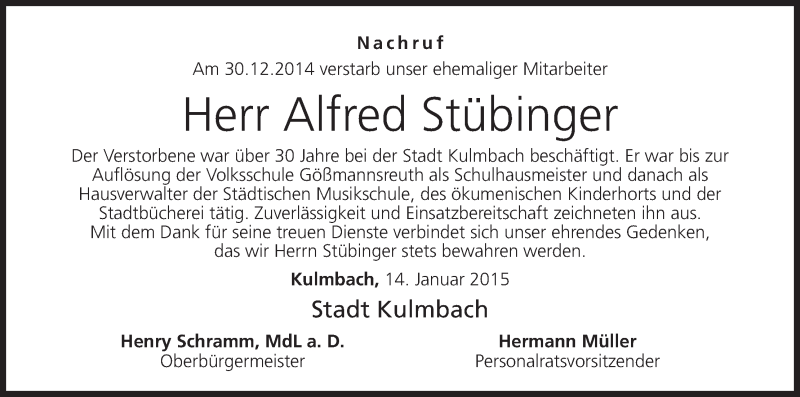  Traueranzeige für Alfred Stübinger vom 14.01.2015 aus MGO