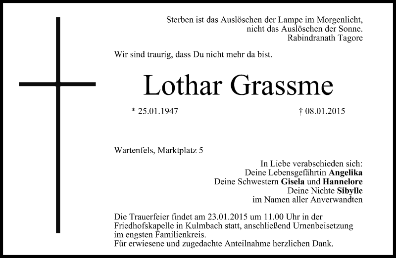  Traueranzeige für Lothar Grassme vom 14.01.2015 aus MGO