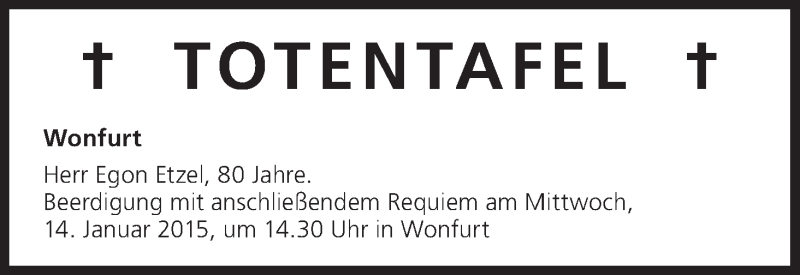 Traueranzeige für Totentafel vom 14.01.2015 vom 14.01.2015 aus MGO
