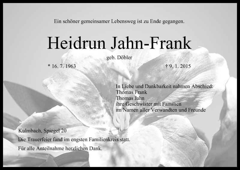  Traueranzeige für Heidrun Jahn-Frank vom 14.01.2015 aus MGO
